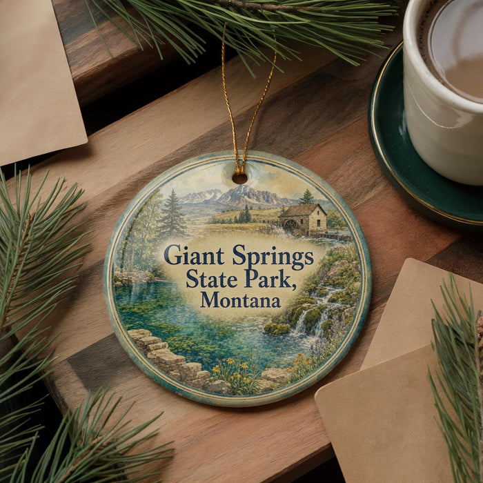 A decorative ornament featuring a scenic landscape of Giant Springs State Park, Montana, with a small house and waterfall in the background.