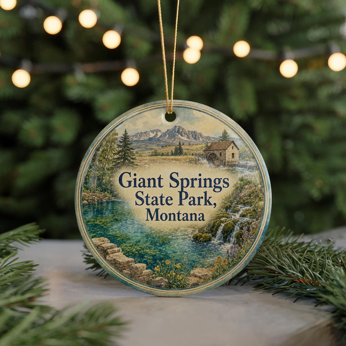 A round ornament with a scenic landscape of Giant Springs State Park, Montana, featuring a river, mountains, and a small building.