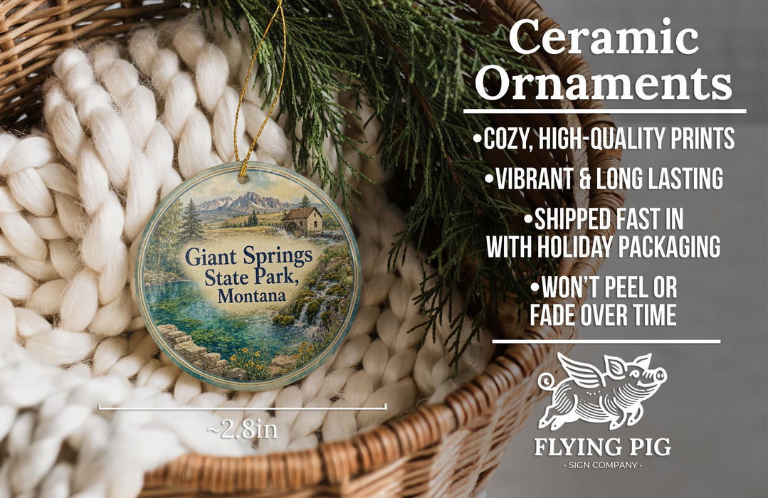 Ceramic ornaments, featuring a scenic image of Giant Springs State Park, Montana, hanging from a wicker basket.