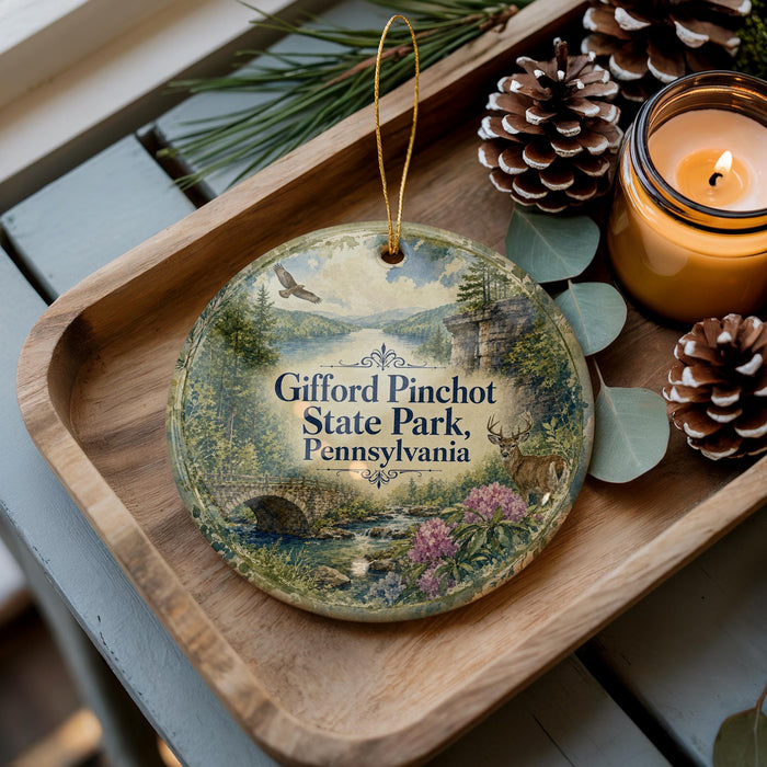 A decorative ornament featuring a scenic landscape of Gifford Pinchot State Park, Pennsylvania, with pine cones, a candle, and greenery surrounding it.