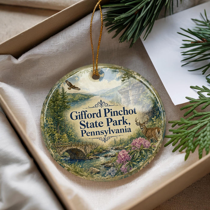 A decorative ornament with a scenic landscape of a river, bridge, and wildlife, including a deer, is displayed in a box with pine branches.