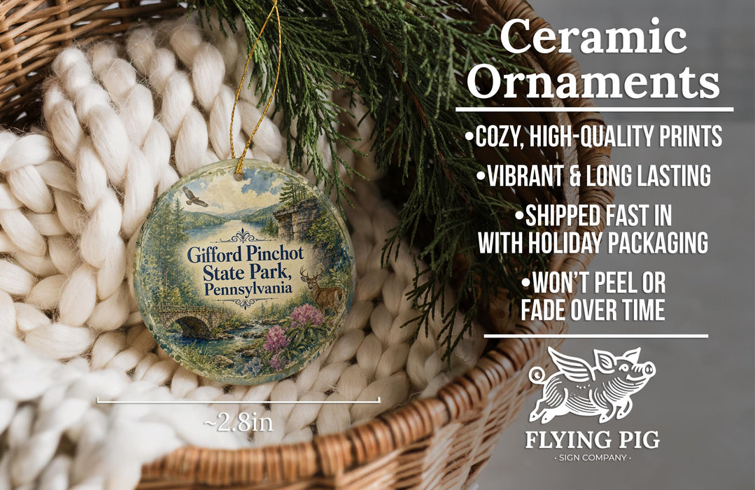 Ceramic ornaments, featuring a detailed image of a scenic landscape, are displayed in a wicker basket. The text highlights the ornaments as "Ceramic Ornaments" with a description of their features, including "Cozy, high-quality prints", "Vibrant & long lasting", "Shipped fast in with holiday packaging", and " Won't peel or fade over time". The image also includes a scale for the ornaments, indicating their size is "2.8in".