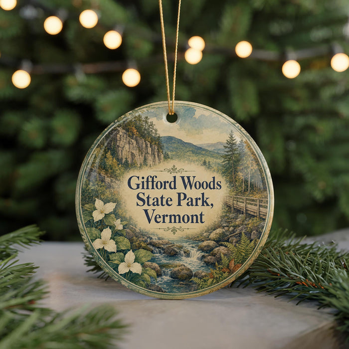 A round ornament with a scenic image of a forest and a stream, featuring the text "Gifford Woods State Park, Vermont".