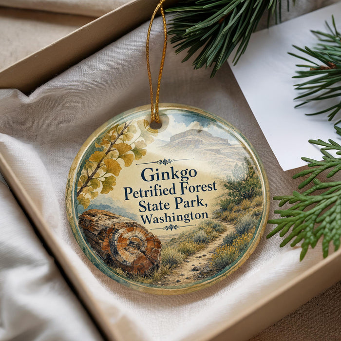 A round ornament with a scenic image of a forest and a mountain, featuring the text "Ginkgo Petrified Forest State Park, Washington".
