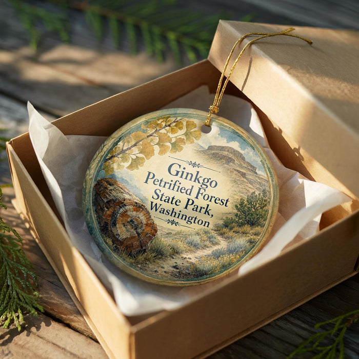 A decorative ornament in a wooden box, featuring a scenic landscape with mountains and a winding path.