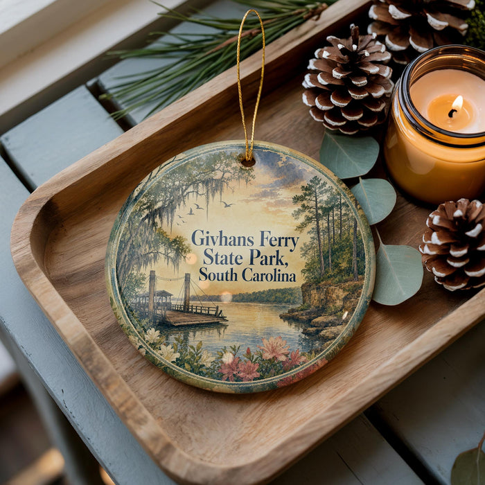 A decorative ornament featuring a scenic image of Givhan's Ferry State Park, South Carolina, with pine cones and a lit candle on a wooden tray.