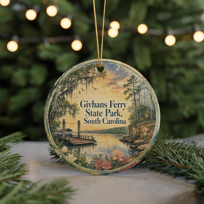 A circular ornament featuring a scenic landscape with a river, dock, and trees, with the text "Givhan's Ferry State Park, South Carolina" displayed prominently.