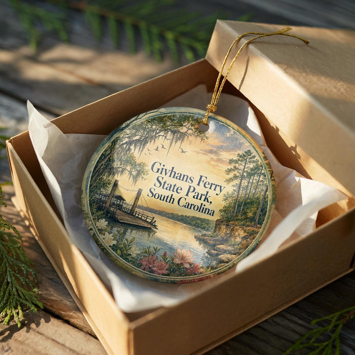 A decorative ornament in a brown box, featuring a scenic landscape with a river, trees, and a boat, along with the text "Givhan's Ferry State Park, South Carolina".