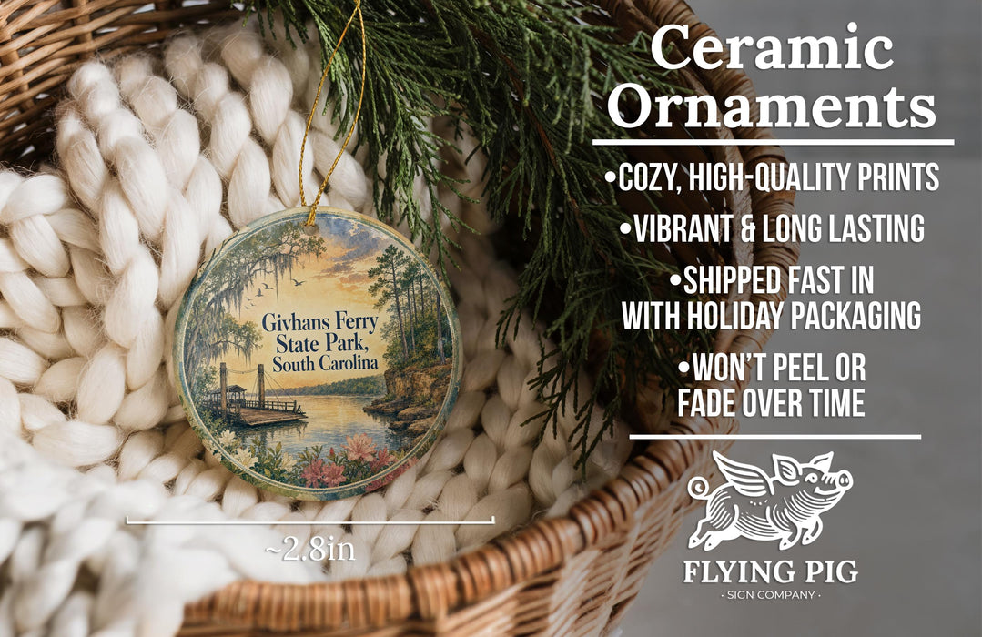 Ceramic ornaments, featuring a scenic image of Givhan's Ferry State Park, South Carolina, hanging from a wicker basket.