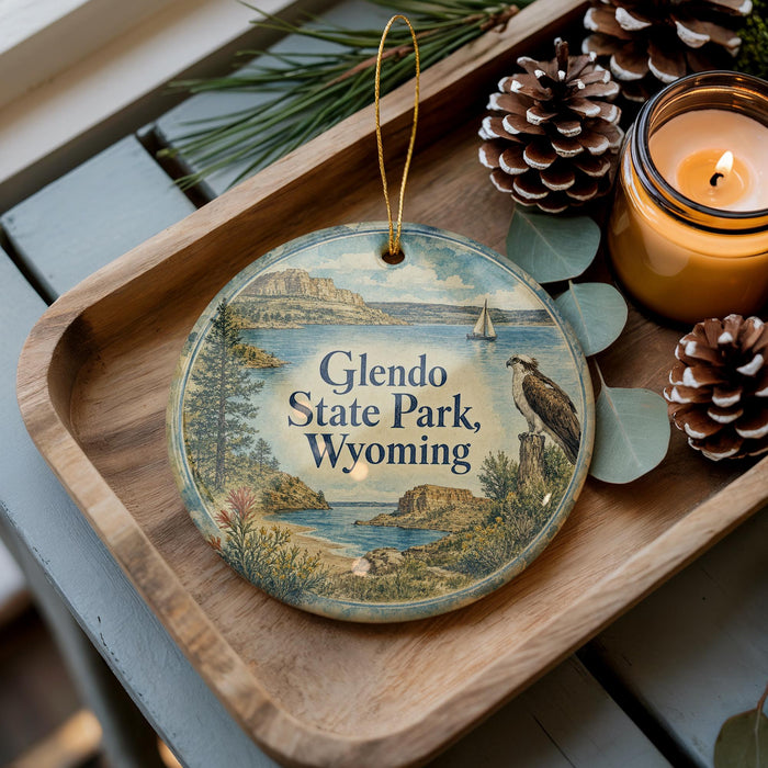 A decorative ornament featuring Glendo State Park, Wyoming, with a bird perched on a tree branch and a candle on a wooden tray.