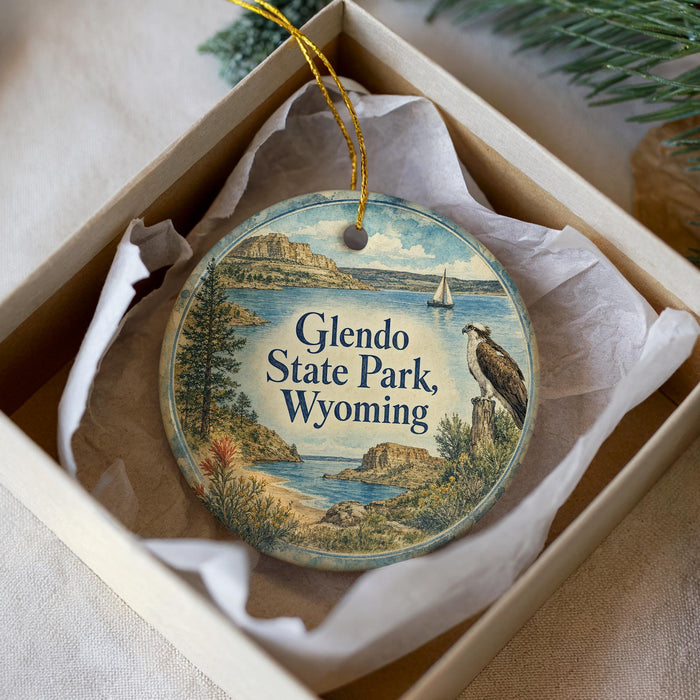 A decorative ornament in a box, featuring an illustration of Glendo State Park in Wyoming with a bird perched on a rock.