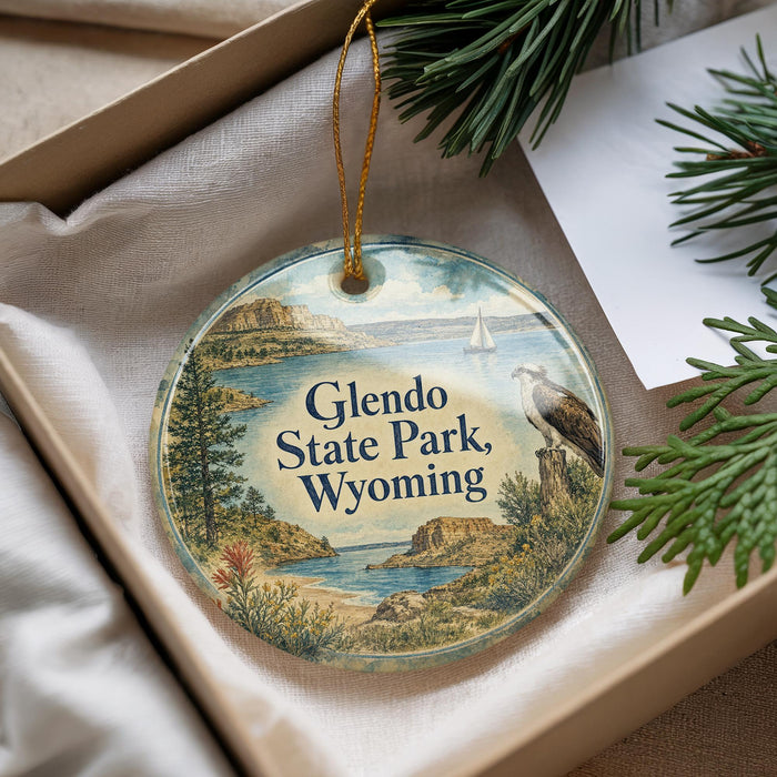 A decorative ornament with a scenic landscape of Glendo State Park, Wyoming, featuring a bird perched on a tree branch and a sailboat on the water.