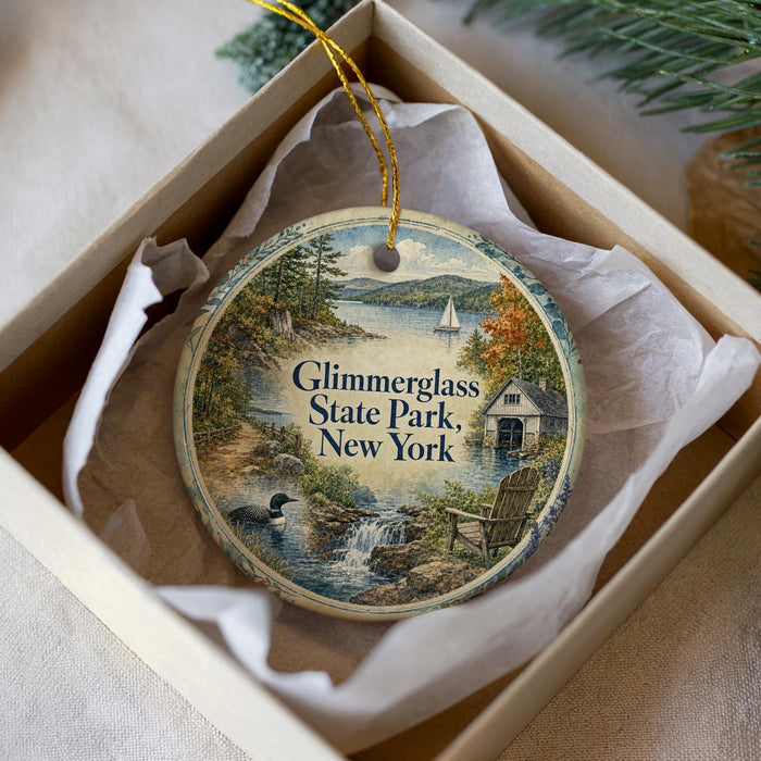 A decorative ornament in a box, featuring a scenic landscape with a lake, a house, and a bird, along with the text "Glimmerglass State Park, New York".