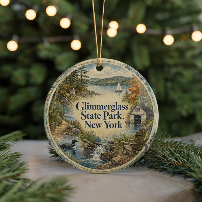 A round ornament with a scenic image of Glitterglass State Park, New York, featuring a lake, a sailboat, and a cabin.
