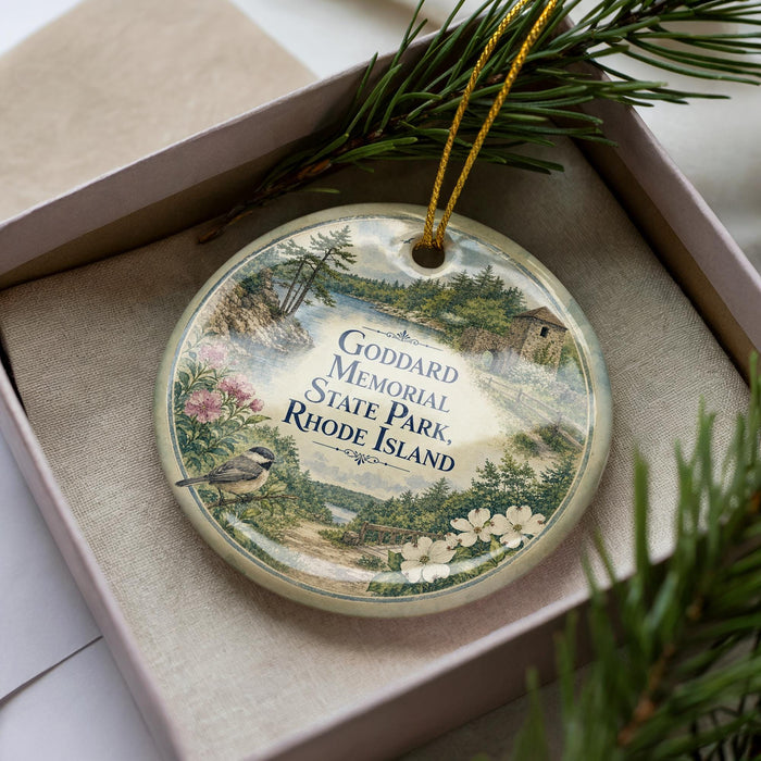 A decorative ornament with a landscape scene and a bird, placed in a box with pine branches.