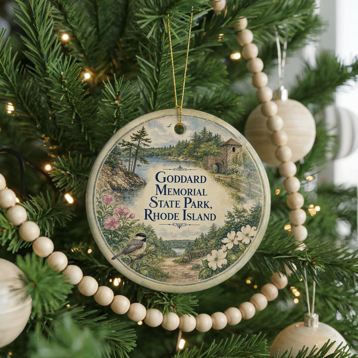 A round ornament hanging on a Christmas tree, featuring a scenic landscape with a bird and flowers.