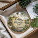 A round ornament with a picture of a historical site, specifically Golíad State Park and Historic Site, Texas, hanging from a string.