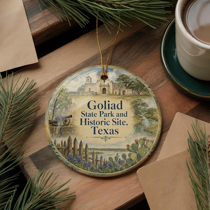 A round ornament with a painting of a historical site, specifically Goliad State Park and Historic Site, Texas, hanging on a wooden surface.