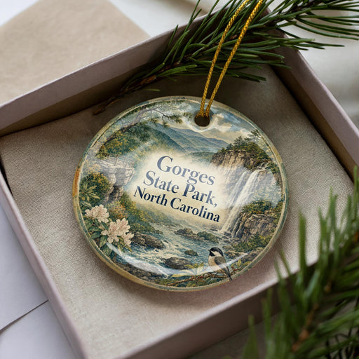 A decorative ornament in a box, featuring a scenic landscape with mountains, waterfalls, and pine trees.