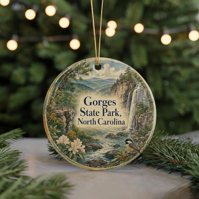 A round ornament with a scenic landscape of Gorges State Park, North Carolina, featuring a waterfall, pine trees, and a bird perched on a rock.