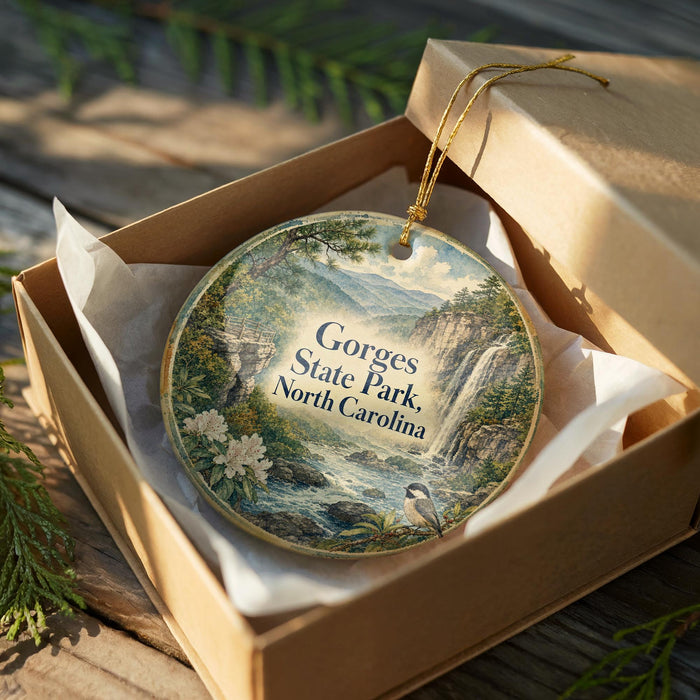 A decorative ornament in a box, featuring a scenic landscape with a waterfall and mountains, with the text "Gorges State Park, North Carolina" printed on it.