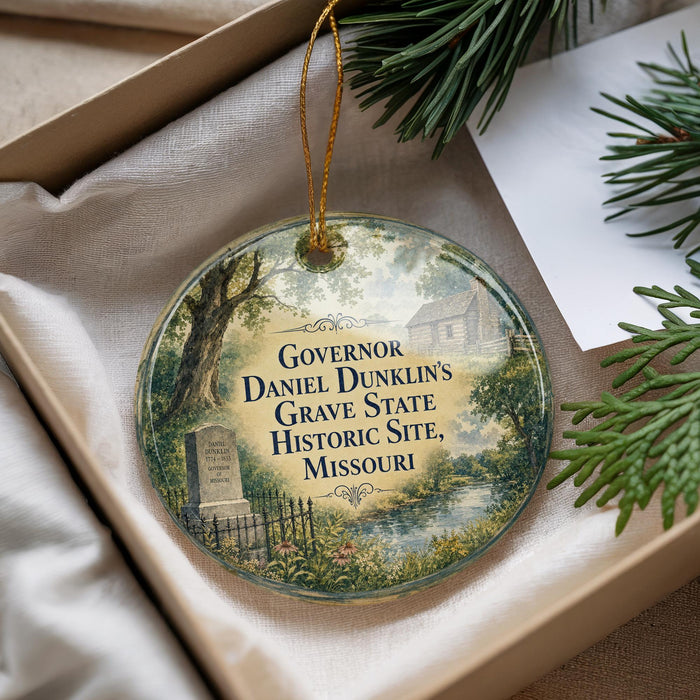 A round ornament with a painting of a graveyard and a monument, hanging from a string.
