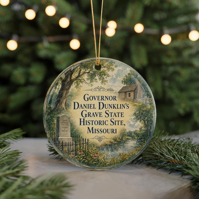A round ornament with a painting of a historic site, specifically the Governor Daniel Dunlin's grave state historic site in Missouri, surrounded by greenery and a fence.