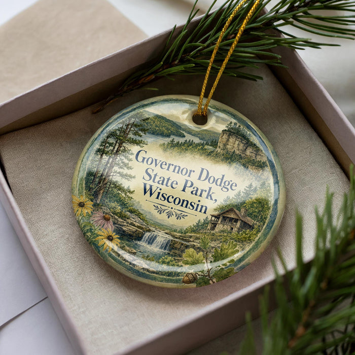 A decorative ornament in a box, featuring a scenic landscape of Governor Dodge State Park in Wisconsin.