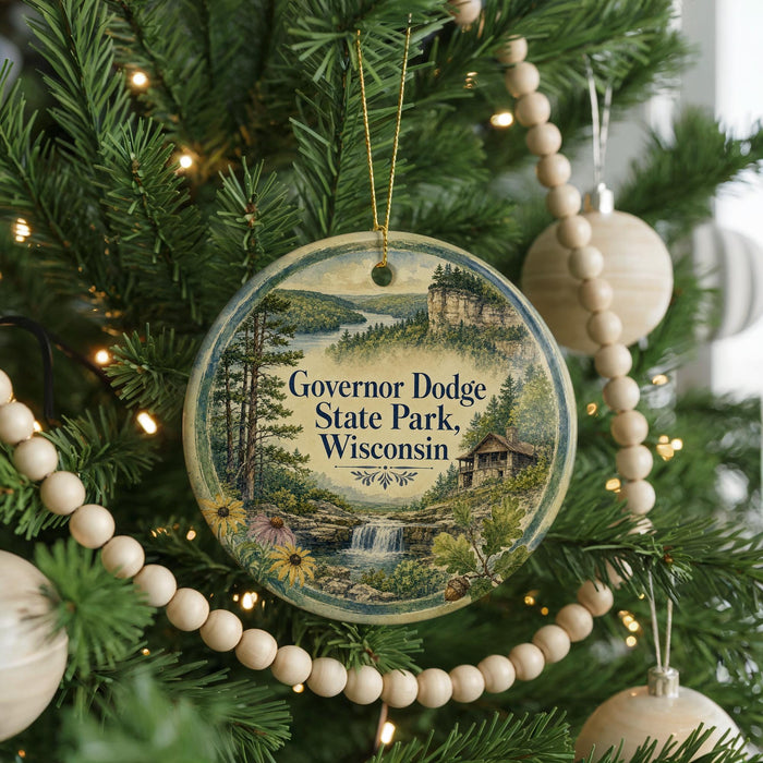 A circular ornament hanging on a Christmas tree, featuring a scenic landscape with a waterfall and pine trees.