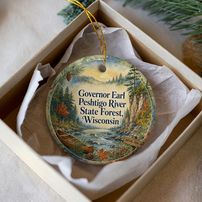 A decorative ornament in a box, featuring a scenic image of the Governor Earl Peshtigo River State Forest in Wisconsin.
