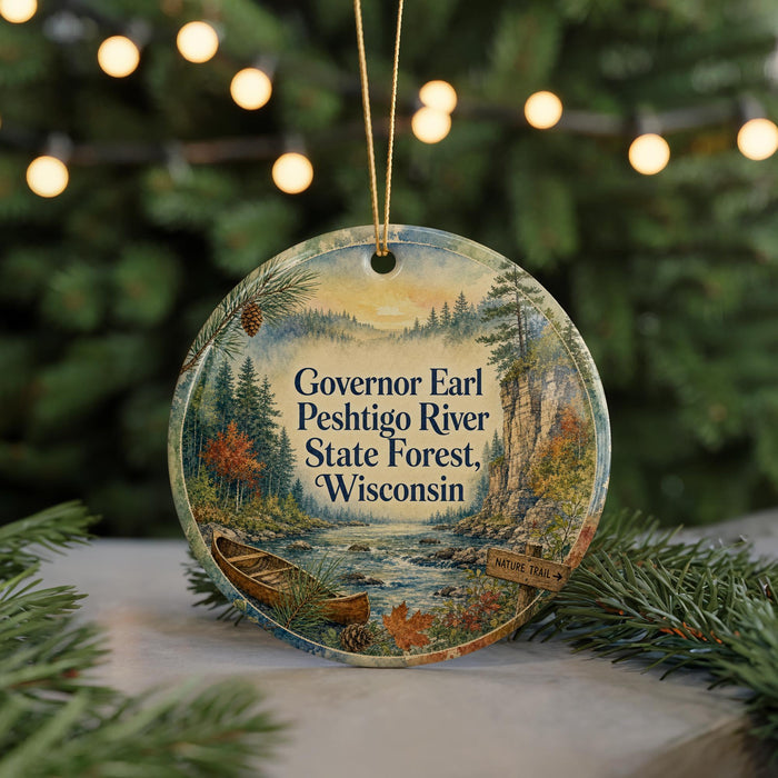 A circular ornament with a scenic image of a river surrounded by pine trees and mountains, along with text that reads "Governor Earl Peshtigo River State Forest, Wisconsin".