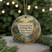 A circular ornament with a scenic image of a river surrounded by pine trees and mountains, along with text that reads "Governor Earl Peshtigo River State Forest, Wisconsin".