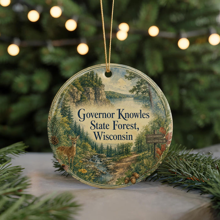 A round ornament with a scenic forest landscape and a deer, hanging on a string.