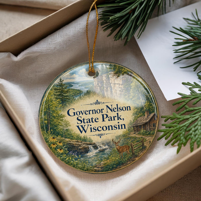 A decorative ornament with a scenic landscape of Governor Nelson State Park, Wisconsin, featuring a waterfall and pine trees.