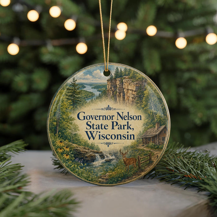 A circular ornament with a scenic landscape of Governor Nelson State Park, Wisconsin, featuring a waterfall, pine trees, and a cabin.