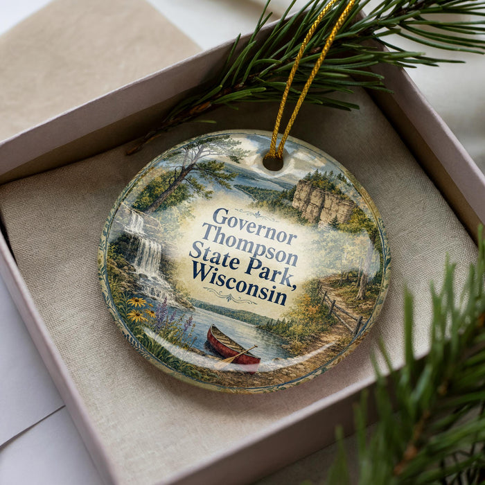 A decorative ornament in a box, featuring a scenic landscape with a waterfall, a boat, and a forest.