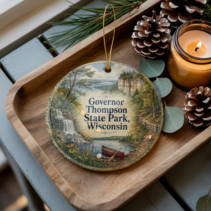 A decorative ornament featuring a scenic landscape with a waterfall, canoe, and pine cones, placed on a wooden tray alongside a lit candle.