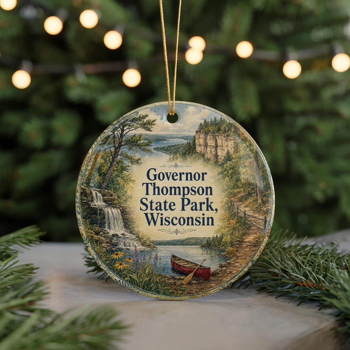 A round ornament with a scenic landscape featuring a waterfall, a canoe, and a forest, along with the text "Governor Thompson State Park, Wisconsin".