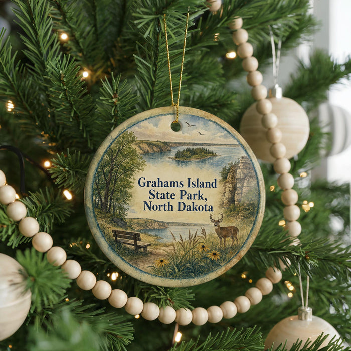 A Christmas tree decorated with ornaments, including a circular ornament with a scenic image of Grahams Island State Park in North Dakota.