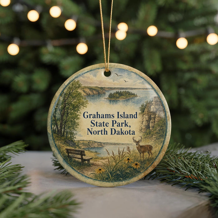 A circular ornament featuring a scenic landscape of Grahams Island State Park in North Dakota, with a bench, deer, and trees in the background.
