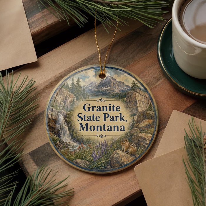A decorative ornament featuring a scenic landscape of Granite State Park, Montana, with a waterfall and pine trees.