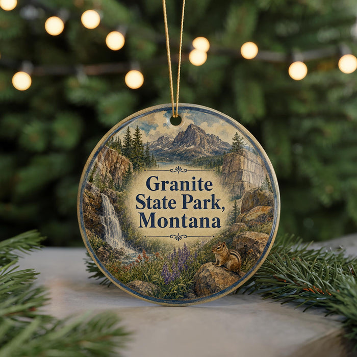 A round ornament with a scenic image of Granite State Park, Montana, featuring a waterfall, pine trees, and a chipmunk.