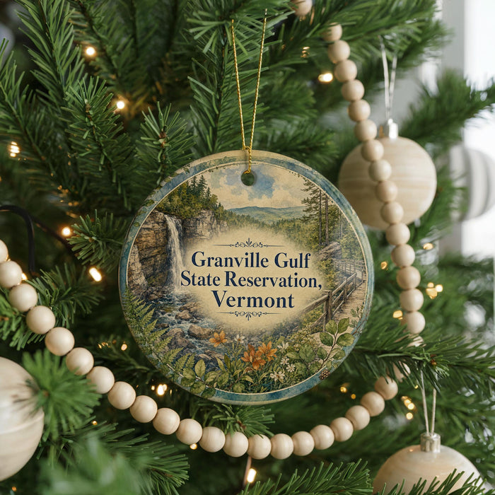 A round ornament hanging on a Christmas tree, featuring a scenic image of Granville Gulf State Reserve in Vermont.