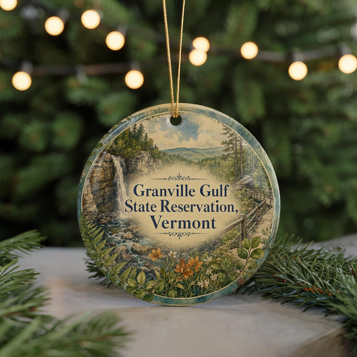 A circular ornament with a scenic landscape of Granville Gulf State Reserve, Vermont, featuring a waterfall and greenery.