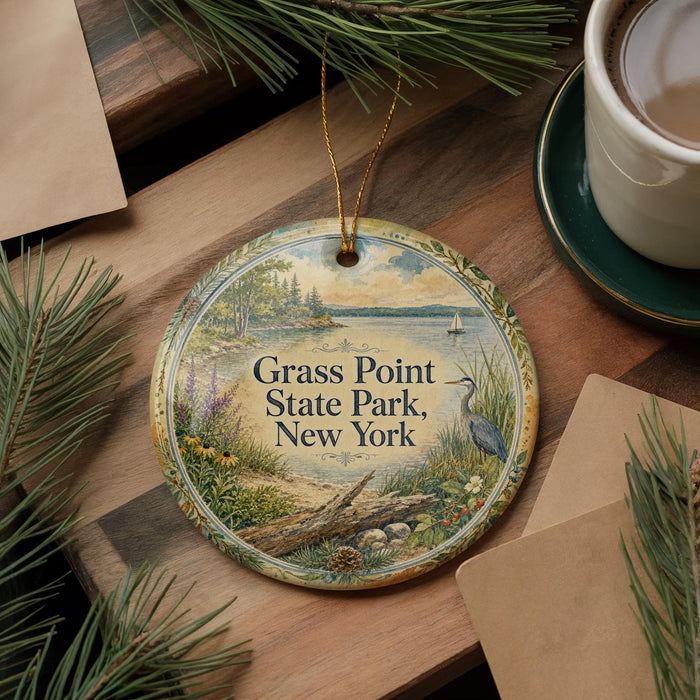 A decorative ornament with the text "Grass Point State Park, New York" on it, surrounded by pine branches and a cup of coffee on a wooden surface.