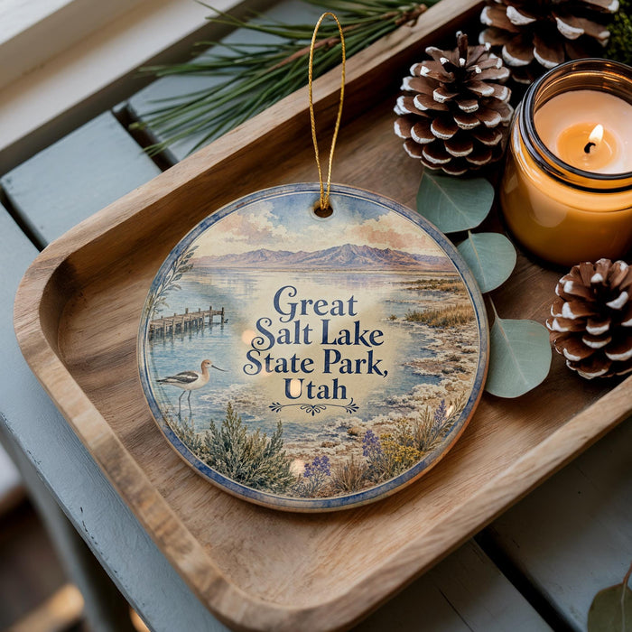 A decorative ornament featuring a scenic image of Salt Lake State Park in Utah, with pine cones and a lit candle on a wooden tray.