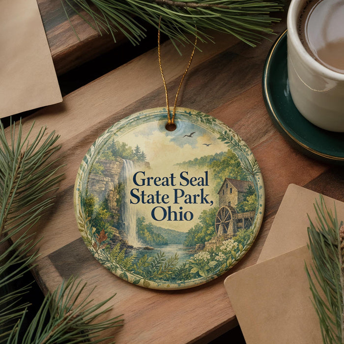 A decorative ornament with a scenic landscape of Great Seal State Park, Ohio, featuring a waterfall, pine trees, and a house.