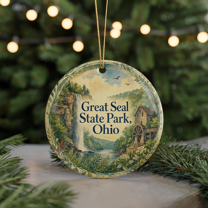 A circular ornament with a scenic landscape featuring a waterfall, a house, and greenery, hanging in front of a blurred background with Christmas lights.