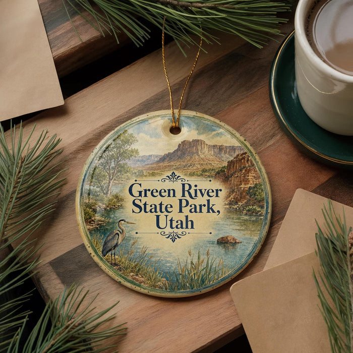 A round ornament with a scenic image of the Green River State Park in Utah, featuring a bird and a river, is displayed on a wooden surface alongside a cup of coffee and some pine branches.