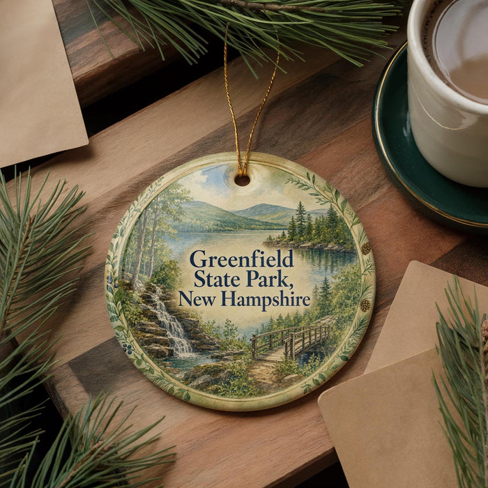 A decorative ornament featuring a scenic landscape of Greenfield State Park in New Hampshire, with a waterfall and forest in the background.